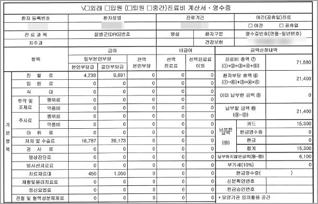 치과치료 실비보험 급여, 비급여 항목 참고 영수증